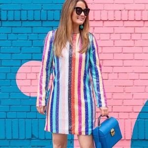 {Mestiza New York} Sequin Rainbow Striped Mini Shift Dress, Size 0
